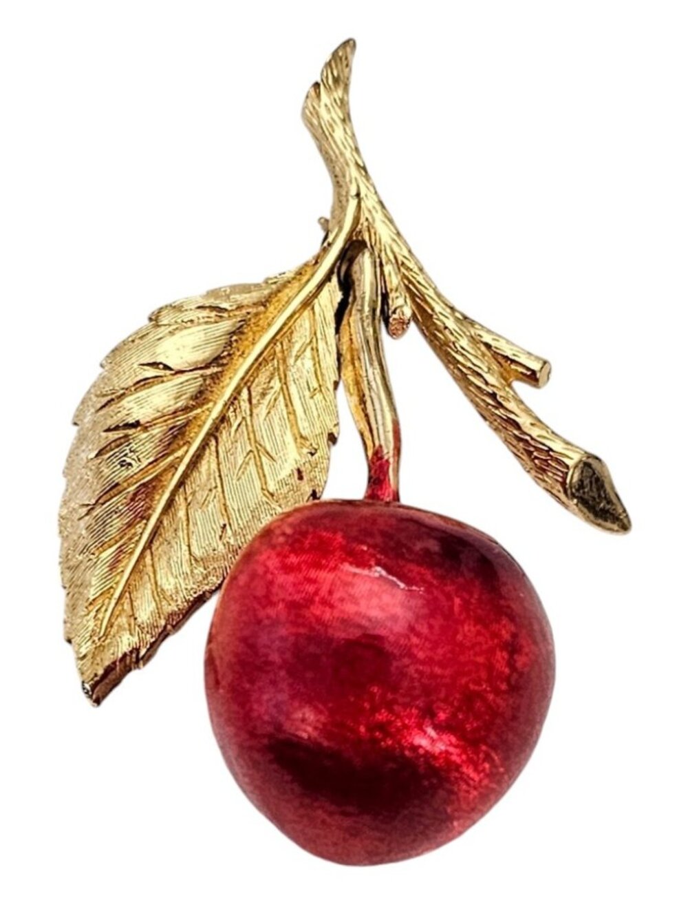 Red Enamel Cherry Brooch Hinged On Leaf Branch L433
